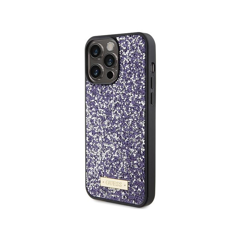 Guess Rhinestone Metal Logo dėklas, skirtas iPhone 15 Pro - rožinis