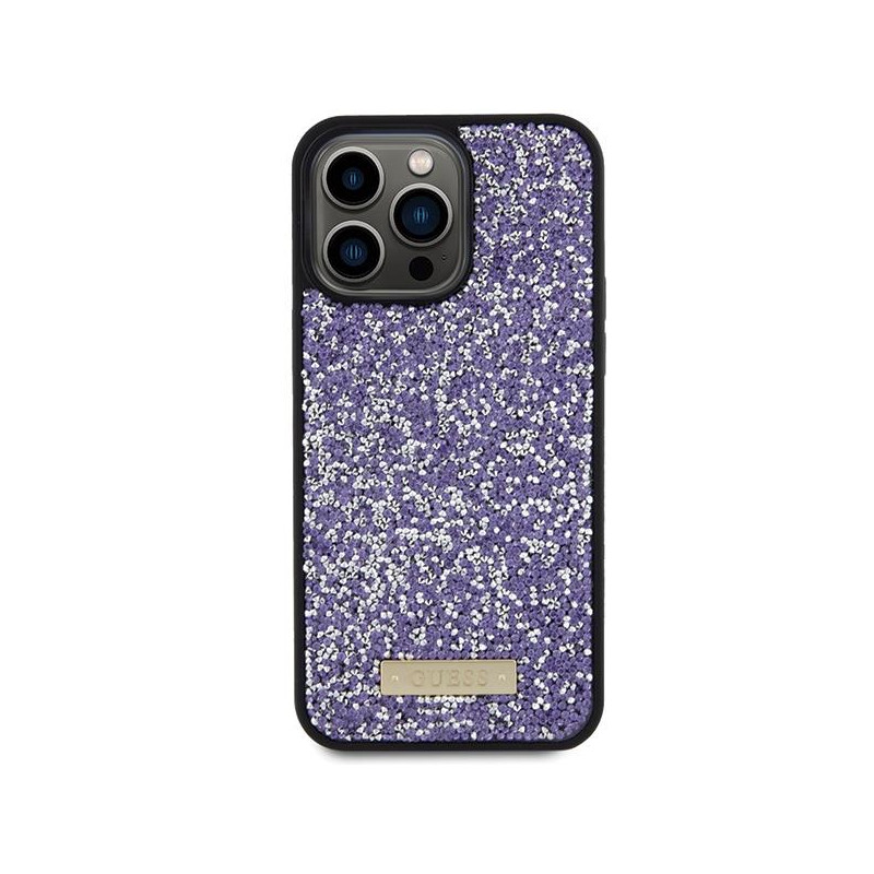 Guess Rhinestone Metal Logo dėklas, skirtas iPhone 15 Pro - rožinis