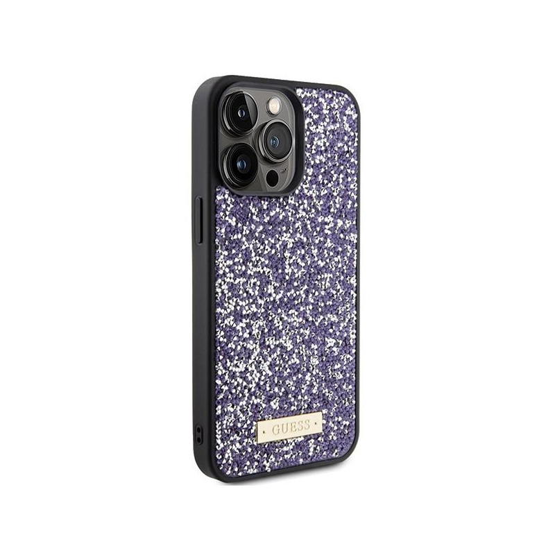 Guess Rhinestone Metal Logo dėklas, skirtas iPhone 15 Pro - rožinis