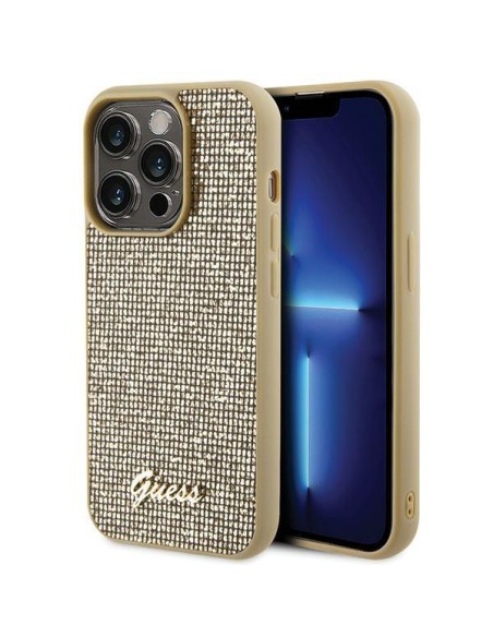 Guess Disco Metal Script dėklas iPhone 15 Pro - auksinis