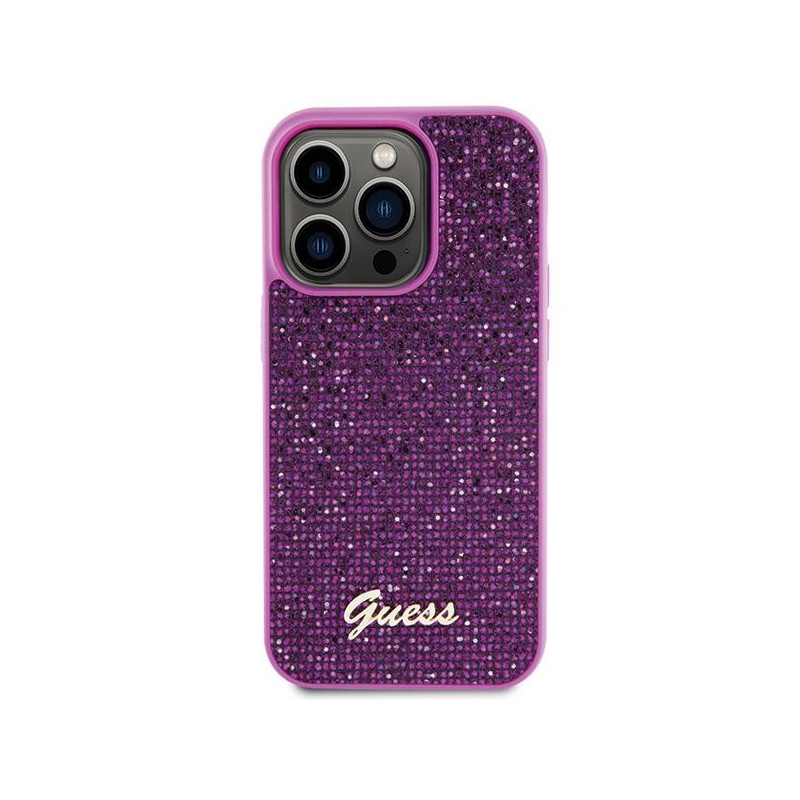 Guess Disco Metal Script dėklas iPhone 15 Pro - rožinis