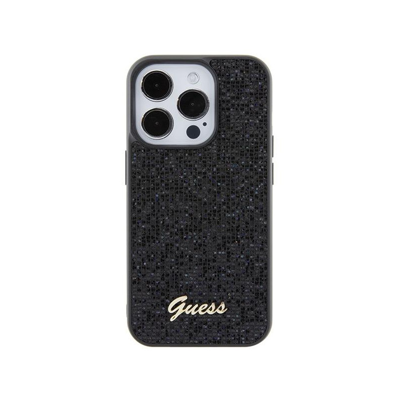 Guess Disco Metal Script dėklas, skirtas iPhone 15 Pro - juodas