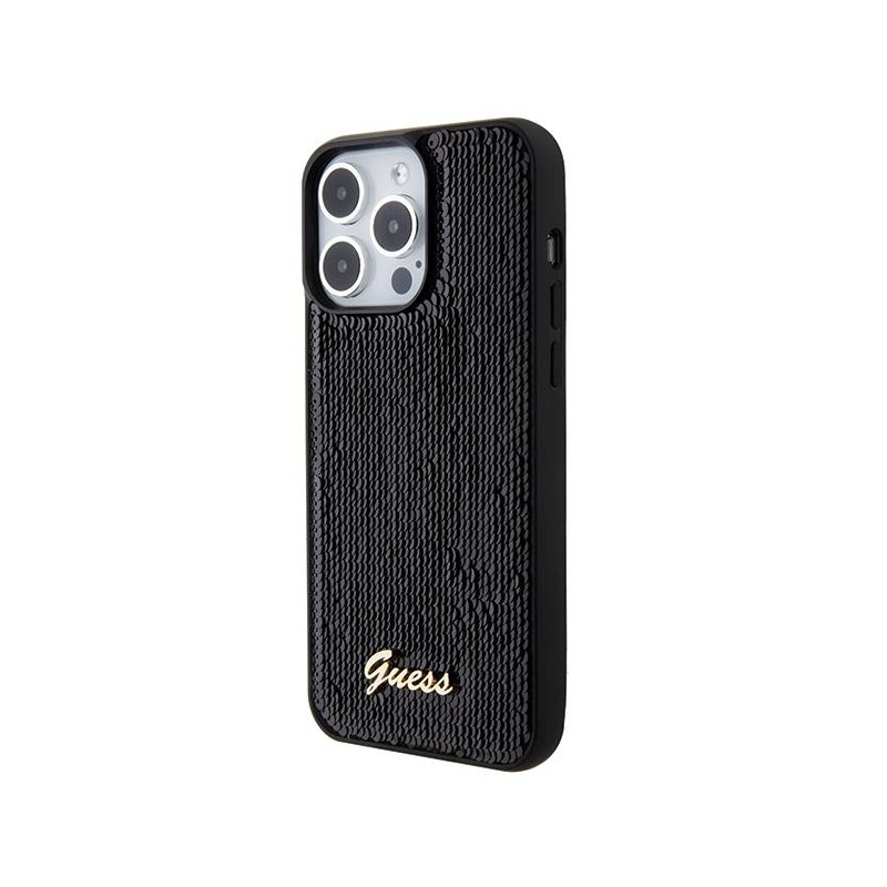 Guess Sequin Script Metalinis dėklas iPhone 15 Pro - juodas