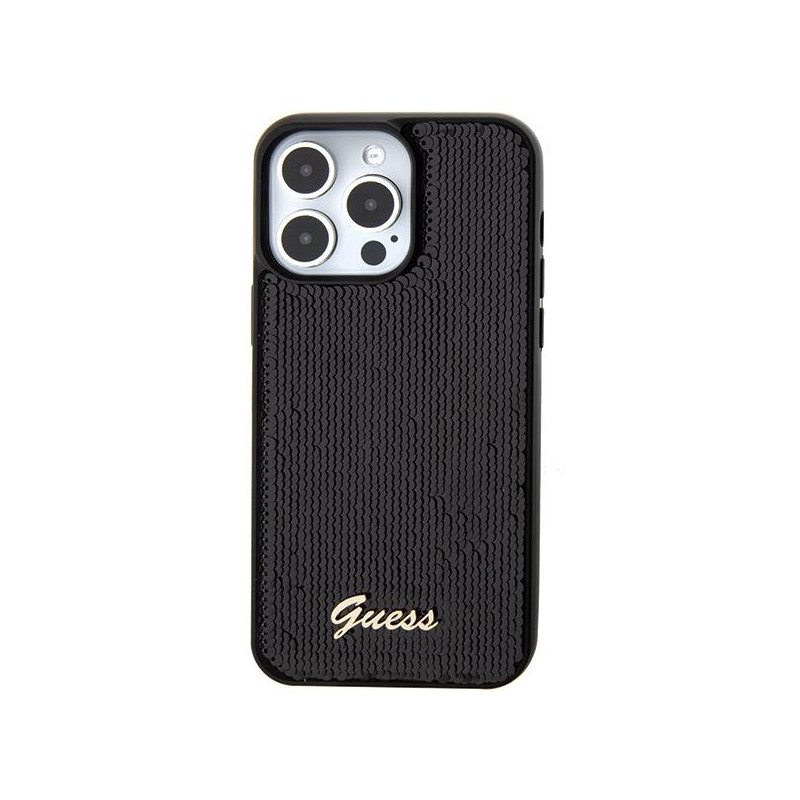 Guess Sequin Script Metalinis dėklas iPhone 15 Pro - juodas
