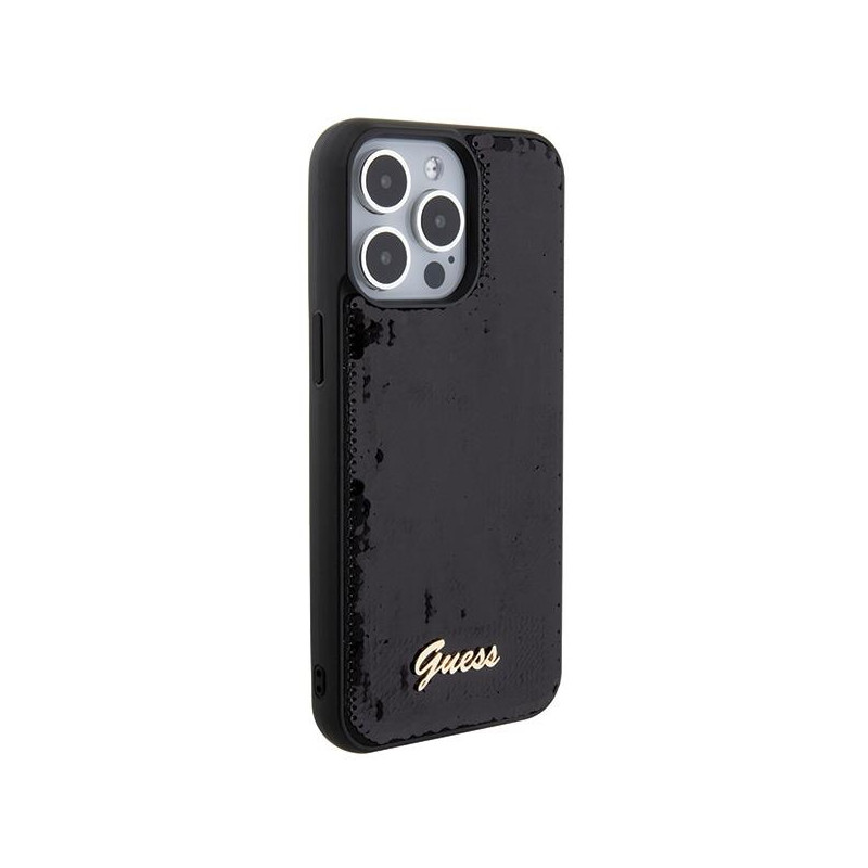 Guess Sequin Script Metalinis dėklas iPhone 15 Pro - juodas