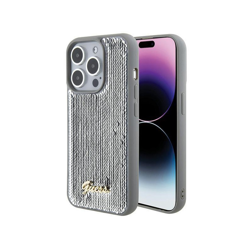 Guess Sequin Script Metalinis dėklas iPhone 15 Pro - sidabrinis Guess Sequin Script Metalinis dėklas iPhone 15 Pro - sidabrinis