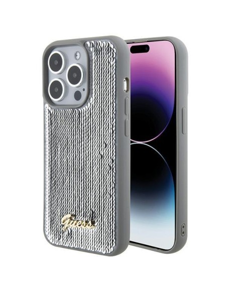 Guess Sequin Script Metalinis dėklas iPhone 15 Pro - sidabrinis Guess Sequin Script Metalinis dėklas iPhone 15 Pro - sidabrinis