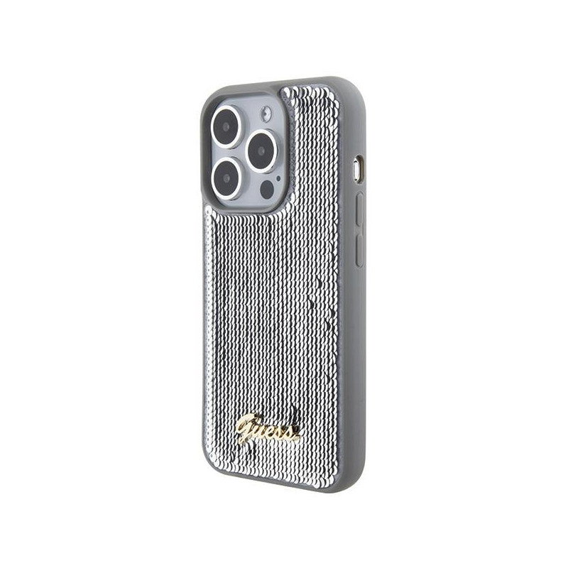 Guess Sequin Script Metalinis dėklas iPhone 15 Pro - sidabrinis