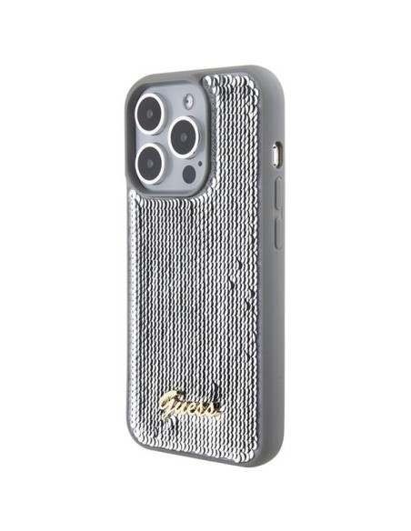 Guess Sequin Script Metalinis dėklas iPhone 15 Pro - sidabrinis Guess Sequin Script Metalinis dėklas iPhone 15 Pro - sidabrinis
