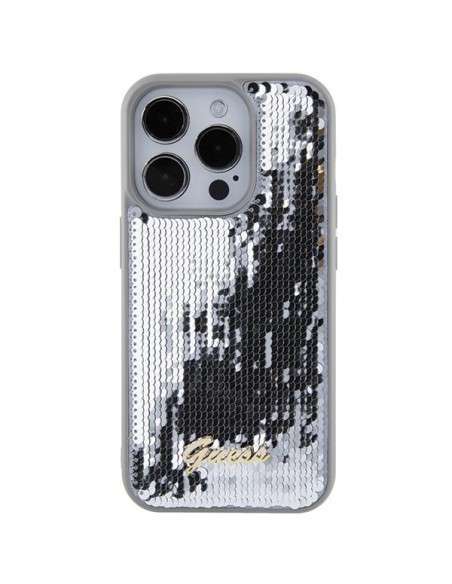 Guess Sequin Script Metalinis dėklas iPhone 15 Pro - sidabrinis Guess Sequin Script Metalinis dėklas iPhone 15 Pro - sidabrinis