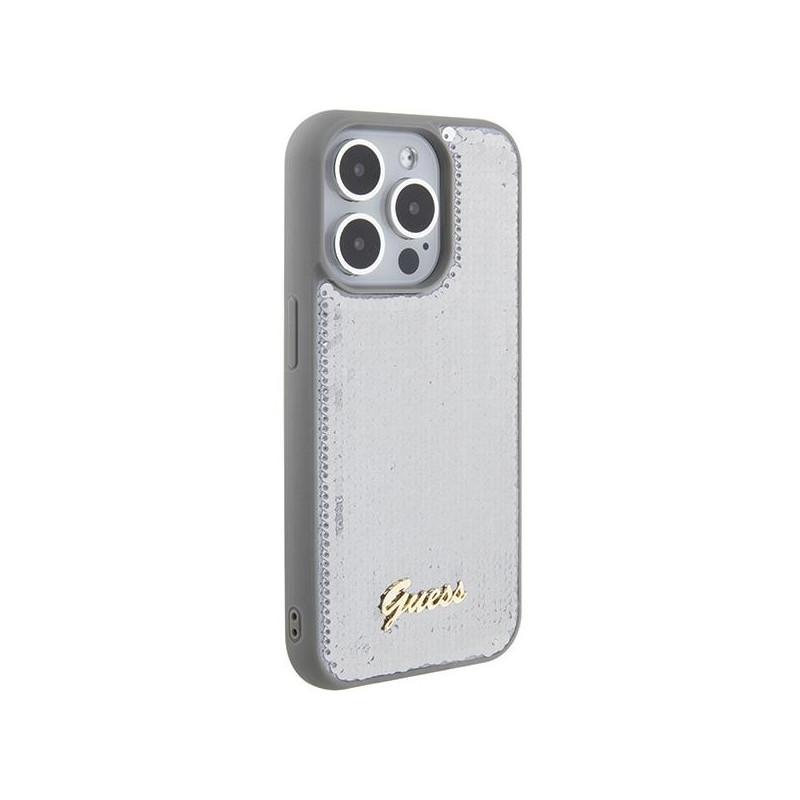 Guess Sequin Script Metalinis dėklas iPhone 15 Pro - sidabrinis