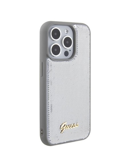 Guess Sequin Script Metalinis dėklas iPhone 15 Pro - sidabrinis Guess Sequin Script Metalinis dėklas iPhone 15 Pro - sidabrinis