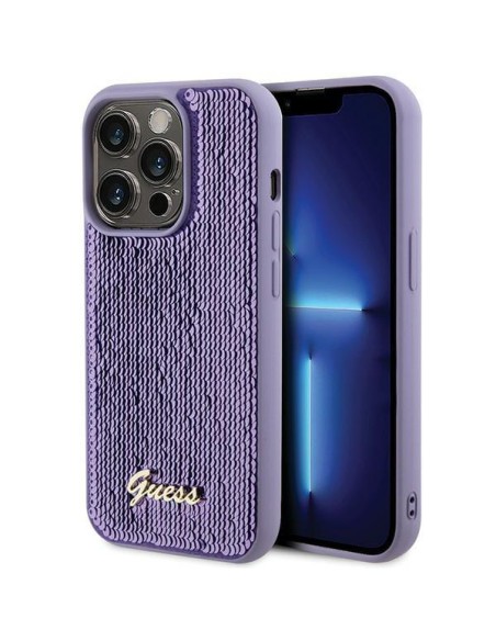 Guess Sequin Script Metalinis dėklas iPhone 15 Pro - violetinis Guess Sequin Script Metalinis dėklas iPhone 15 Pro - violetinis