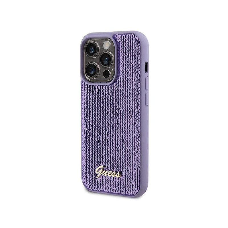Guess Sequin Script Metalinis dėklas iPhone 15 Pro - violetinis