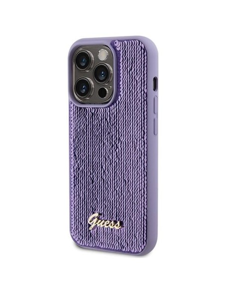 Guess Sequin Script Metalinis dėklas iPhone 15 Pro - violetinis Guess Sequin Script Metalinis dėklas iPhone 15 Pro - violetinis