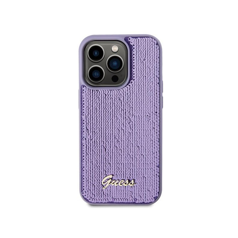 Guess Sequin Script Metalinis dėklas iPhone 15 Pro - violetinis