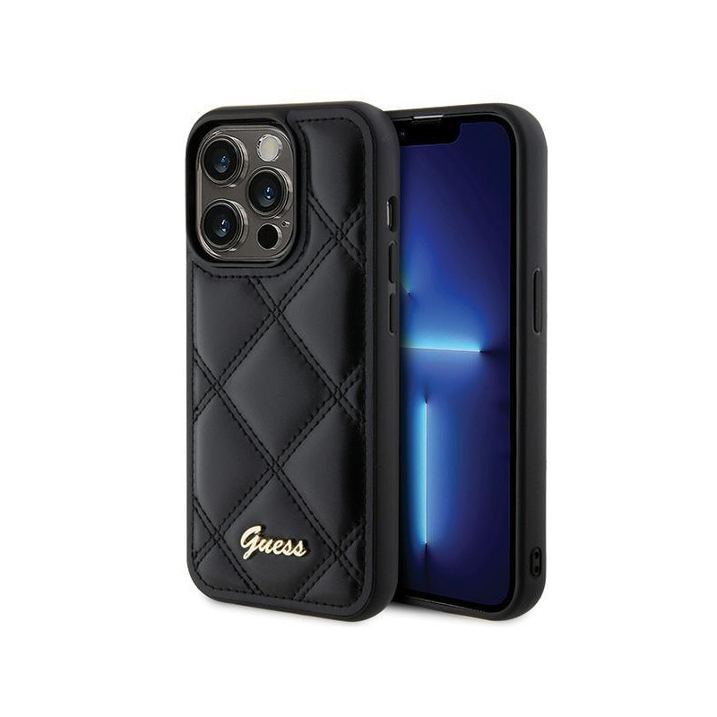 Guess Quilted Metal Logo dėklas, skirtas iPhone 15 Pro - juodas