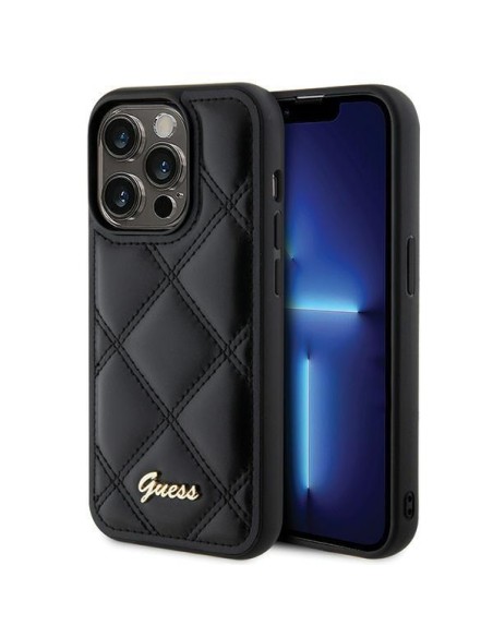 Guess Quilted Metal Logo dėklas, skirtas iPhone 15 Pro - juodas Guess Quilted Metal Logo dėklas, skirtas iPhone 15 Pro - juodas