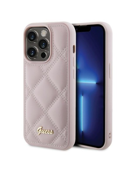 Guess Quilted Metal Logo dėklas, skirtas iPhone 15 Pro - rožinis