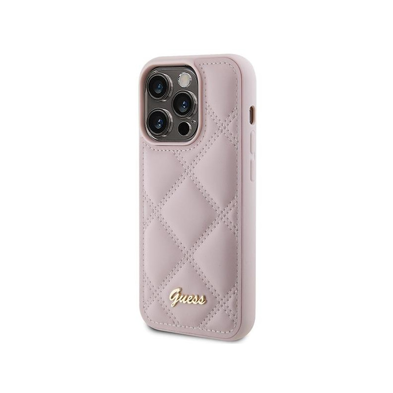 Guess Quilted Metal Logo dėklas, skirtas iPhone 15 Pro - rožinis