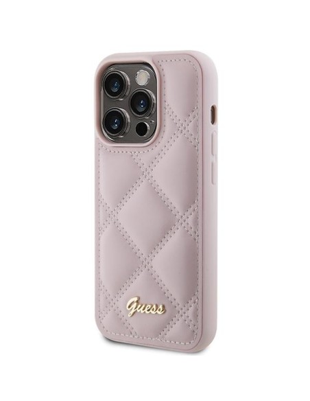 Guess Quilted Metal Logo dėklas, skirtas iPhone 15 Pro - rožinis