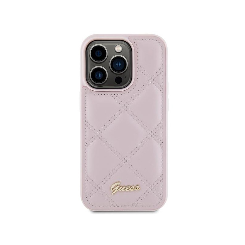 Guess Quilted Metal Logo dėklas, skirtas iPhone 15 Pro - rožinis