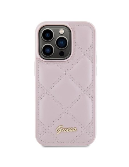 Guess Quilted Metal Logo dėklas, skirtas iPhone 15 Pro - rožinis