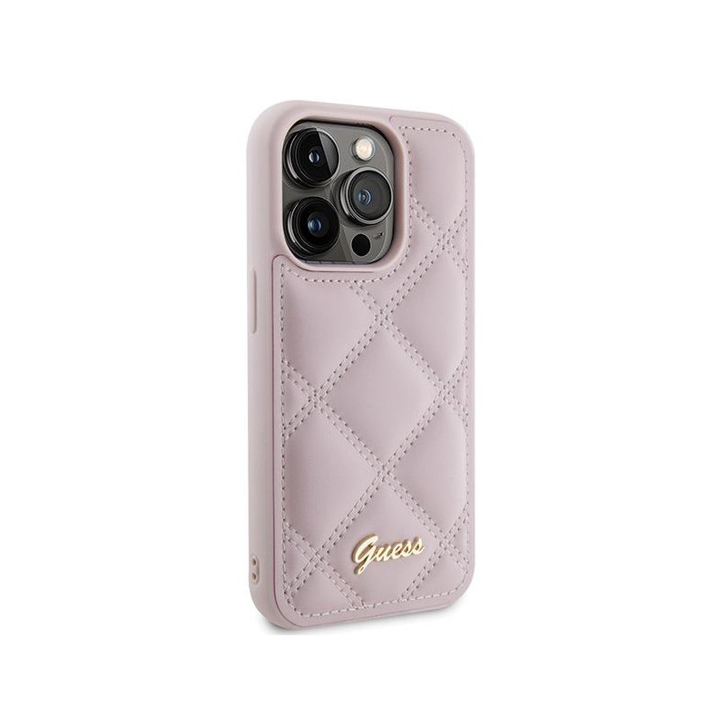 Guess Quilted Metal Logo dėklas, skirtas iPhone 15 Pro - rožinis