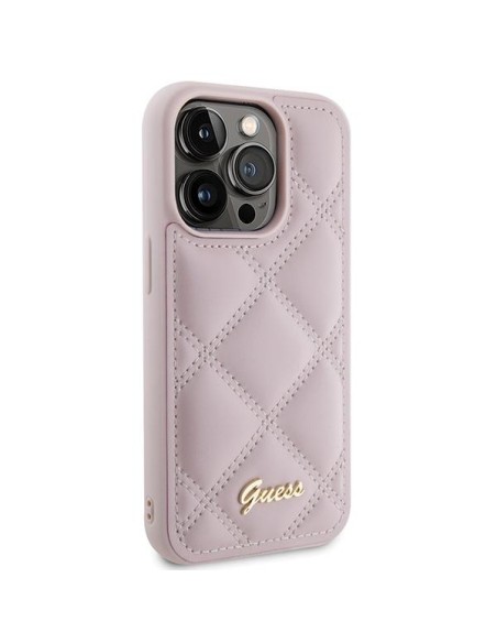 Guess Quilted Metal Logo dėklas, skirtas iPhone 15 Pro - rožinis
