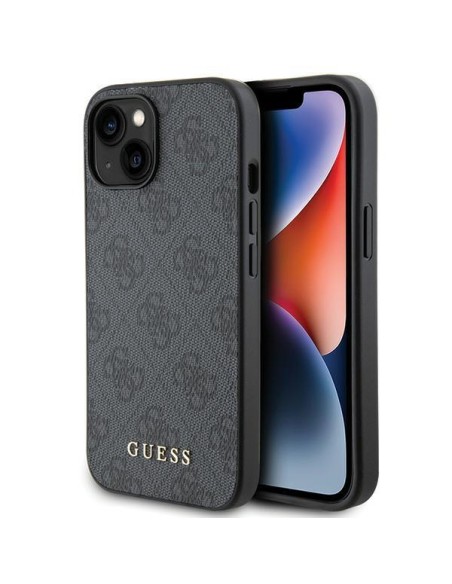 Guess 4G Metal Gold Logo dėklas, skirtas iPhone 15 Plus - pilkas Guess 4G Metal Gold Logo dėklas, skirtas iPhone 15 Plus - pilkas