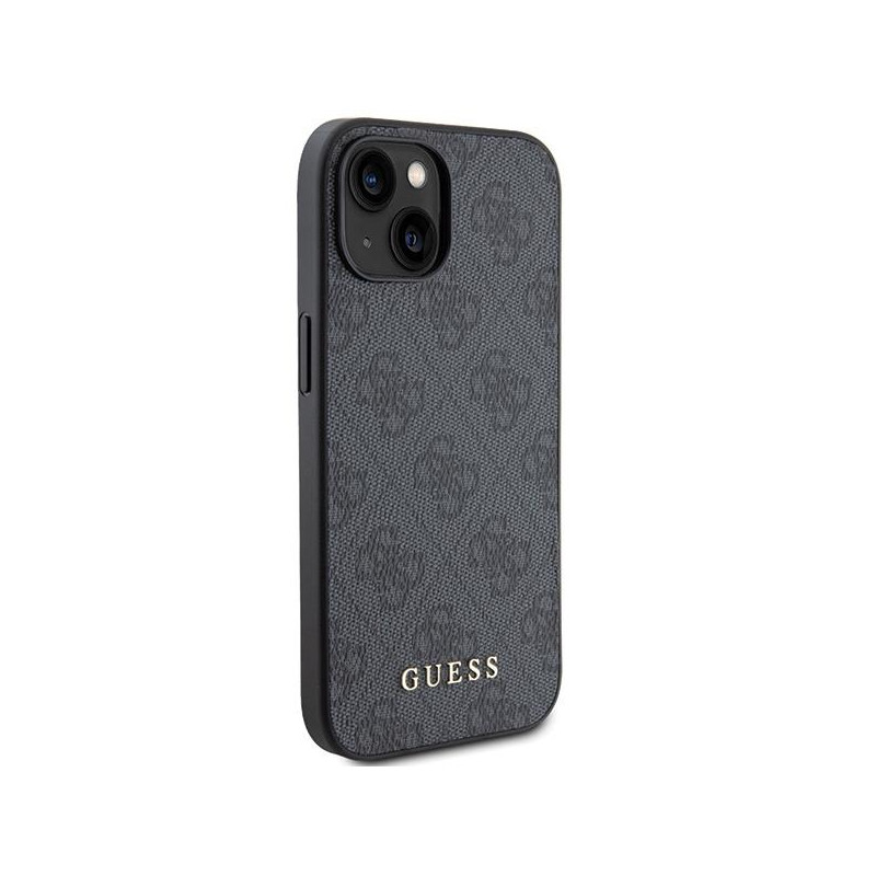Guess 4G Metal Gold Logo dėklas, skirtas iPhone 15 Plus - pilkas