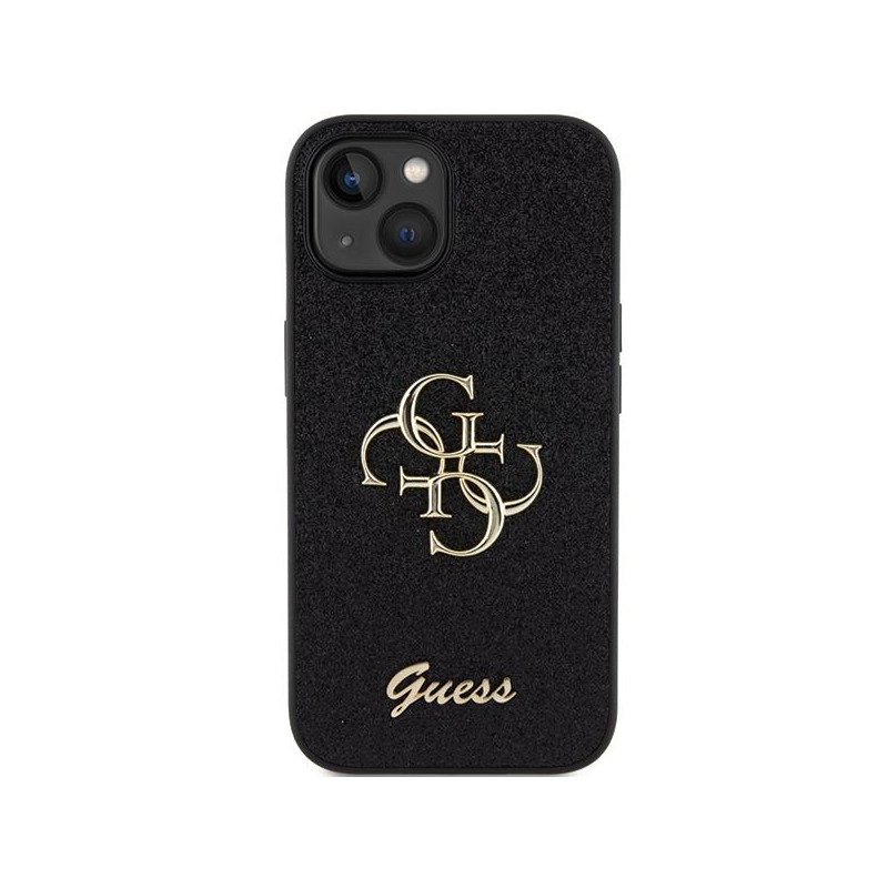 Guess Glitter Script Big 4G dėklas iPhone 15 Plus - juodas