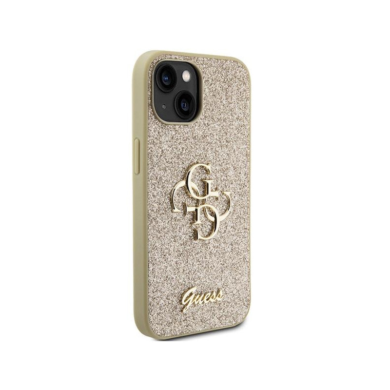 Guess Glitter Script Big 4G dėklas iPhone 15 - auksinis