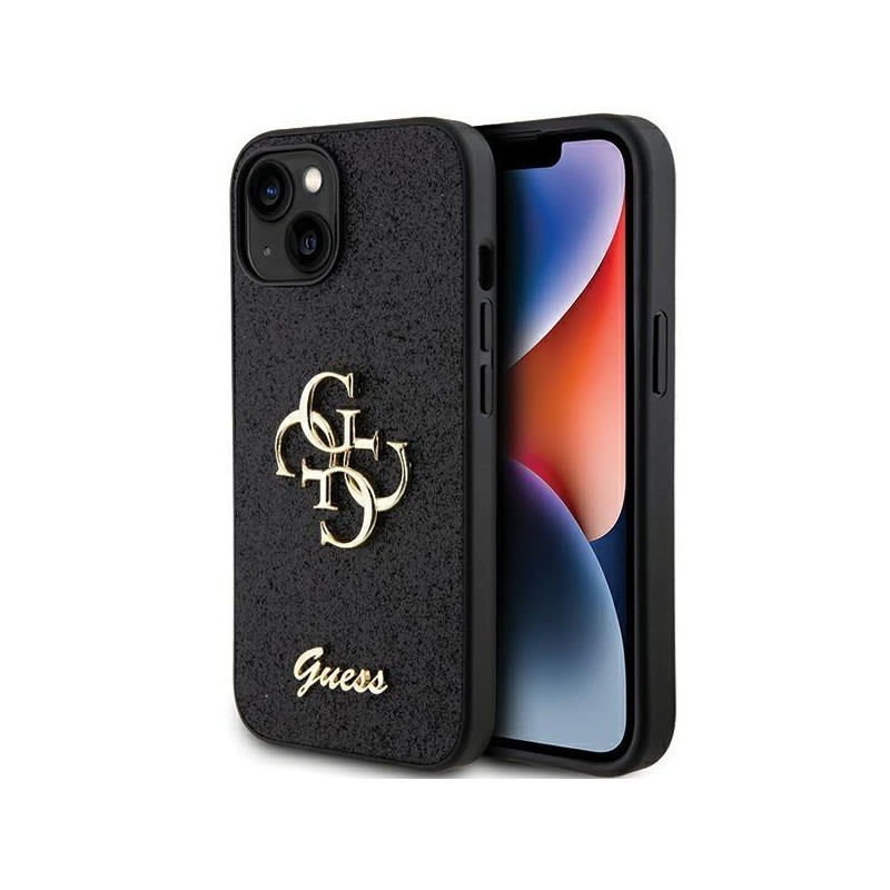 Guess Glitter Script Big 4G dėklas iPhone 15 - juodas
