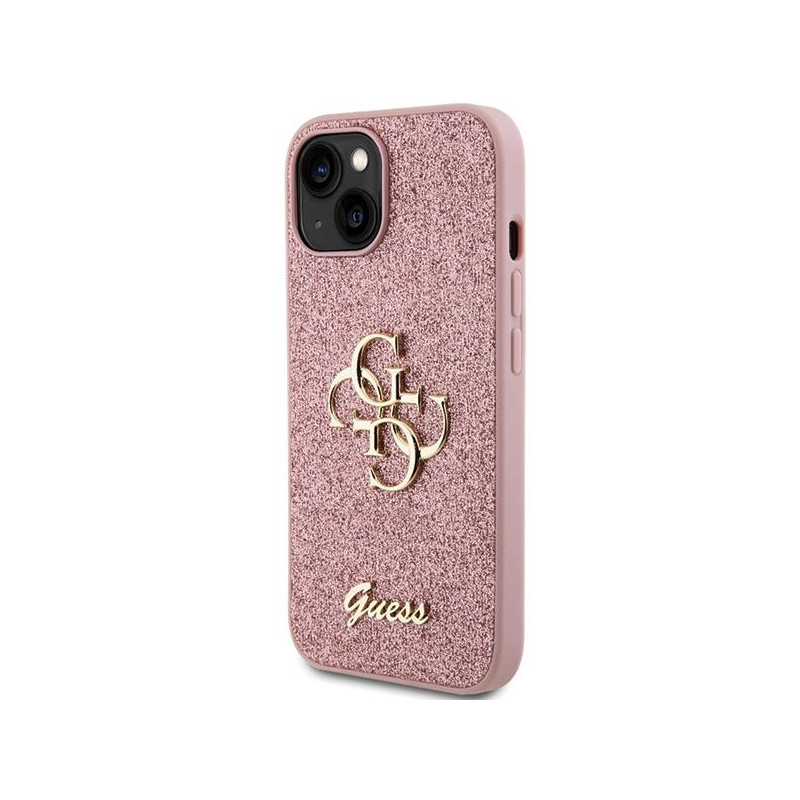 Guess Glitter Script Big 4G dėklas iPhone 15 - rožinis