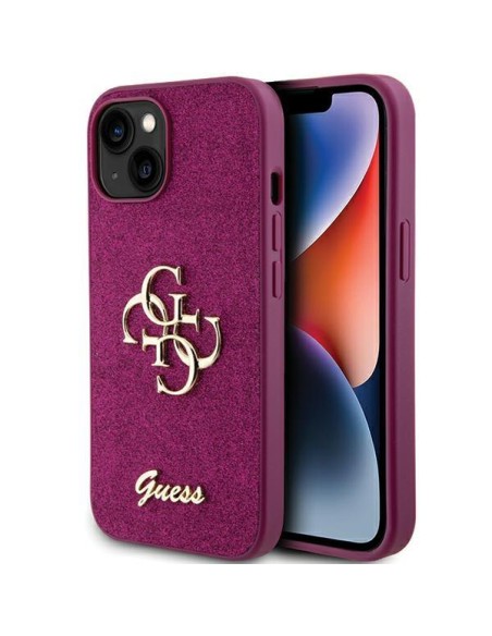 Guess Glitter Script Big 4G dėklas, skirtas iPhone 15 - violetinė