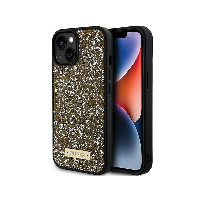 Guess Rhinestone Metal Logo dėklas, skirtas iPhone 15 - geltonas Guess Rhinestone Metal Logo dėklas, skirtas iPhone 15 - geltonas