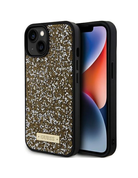 Guess Rhinestone Metal Logo dėklas, skirtas iPhone 15 - geltonas