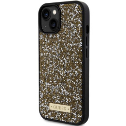 Guess Rhinestone Metal Logo dėklas, skirtas iPhone 15 - geltonas