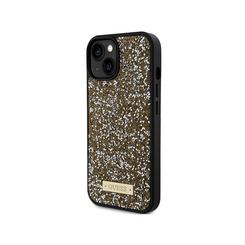 Guess Rhinestone Metal Logo dėklas, skirtas iPhone 15 - geltonas