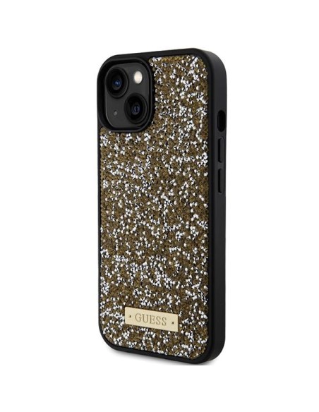 Guess Rhinestone Metal Logo dėklas, skirtas iPhone 15 - geltonas