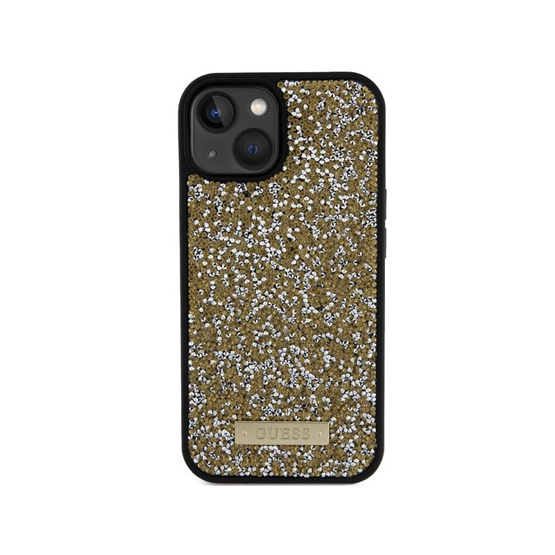 Guess Rhinestone Metal Logo dėklas, skirtas iPhone 15 - geltonas