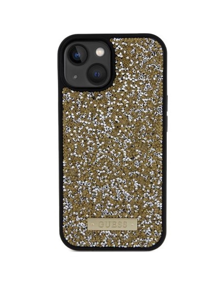 Guess Rhinestone Metal Logo dėklas, skirtas iPhone 15 - geltonas