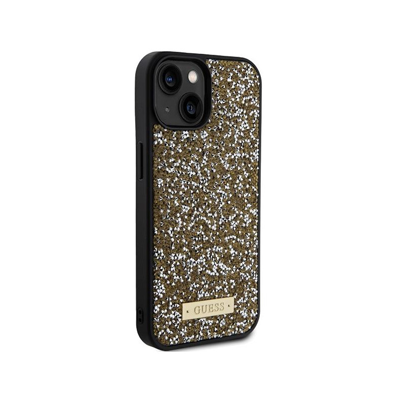 Guess Rhinestone Metal Logo dėklas, skirtas iPhone 15 - geltonas