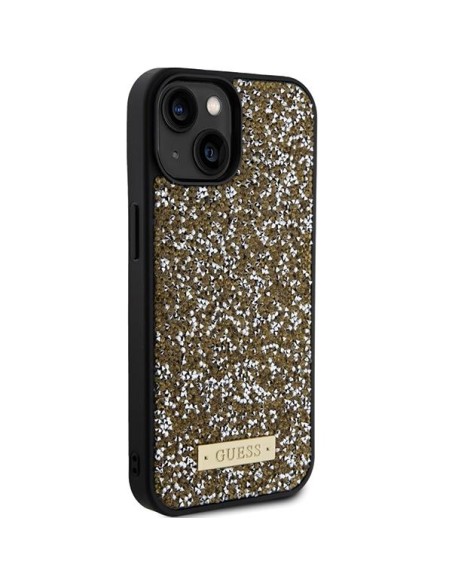 Guess Rhinestone Metal Logo dėklas, skirtas iPhone 15 - geltonas