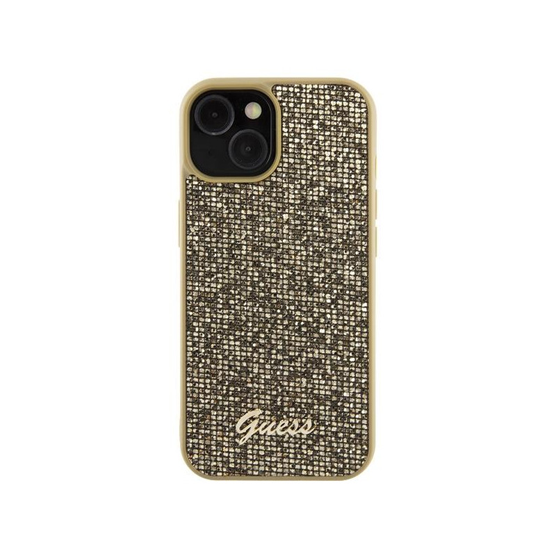 Guess Disco Metal Script dėklas iPhone 15 - auksinis