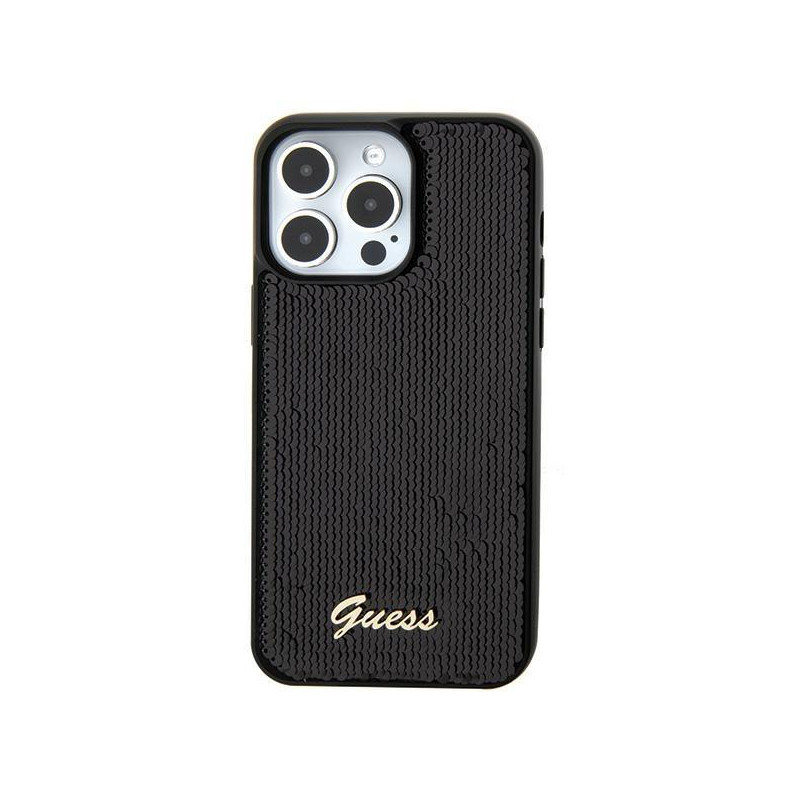 Guess Sequin Script Metalinis dėklas iPhone 15 - juodas Guess Sequin Script Metalinis dėklas iPhone 15 - juodas