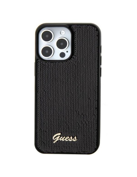 Guess Sequin Script Metalinis dėklas iPhone 15 - juodas