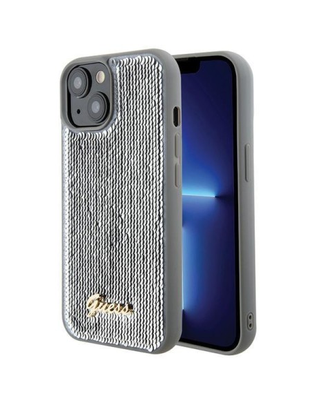 Guess Sequin Script Metalinis dėklas iPhone 15 - sidabrinis Guess Sequin Script Metalinis dėklas iPhone 15 - sidabrinis