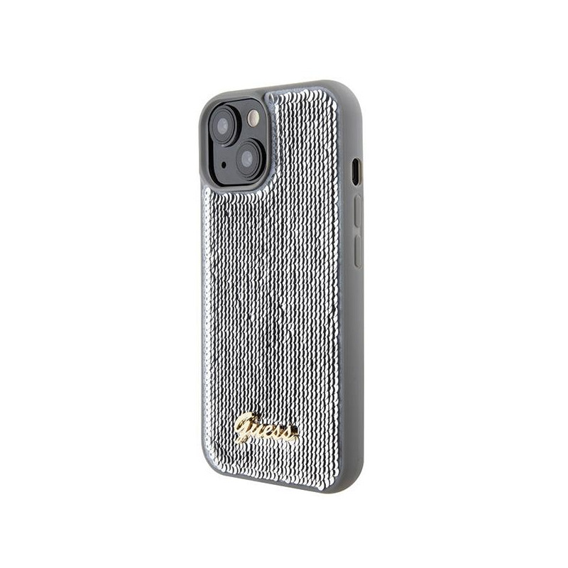 Guess Sequin Script Metalinis dėklas iPhone 15 - sidabrinis